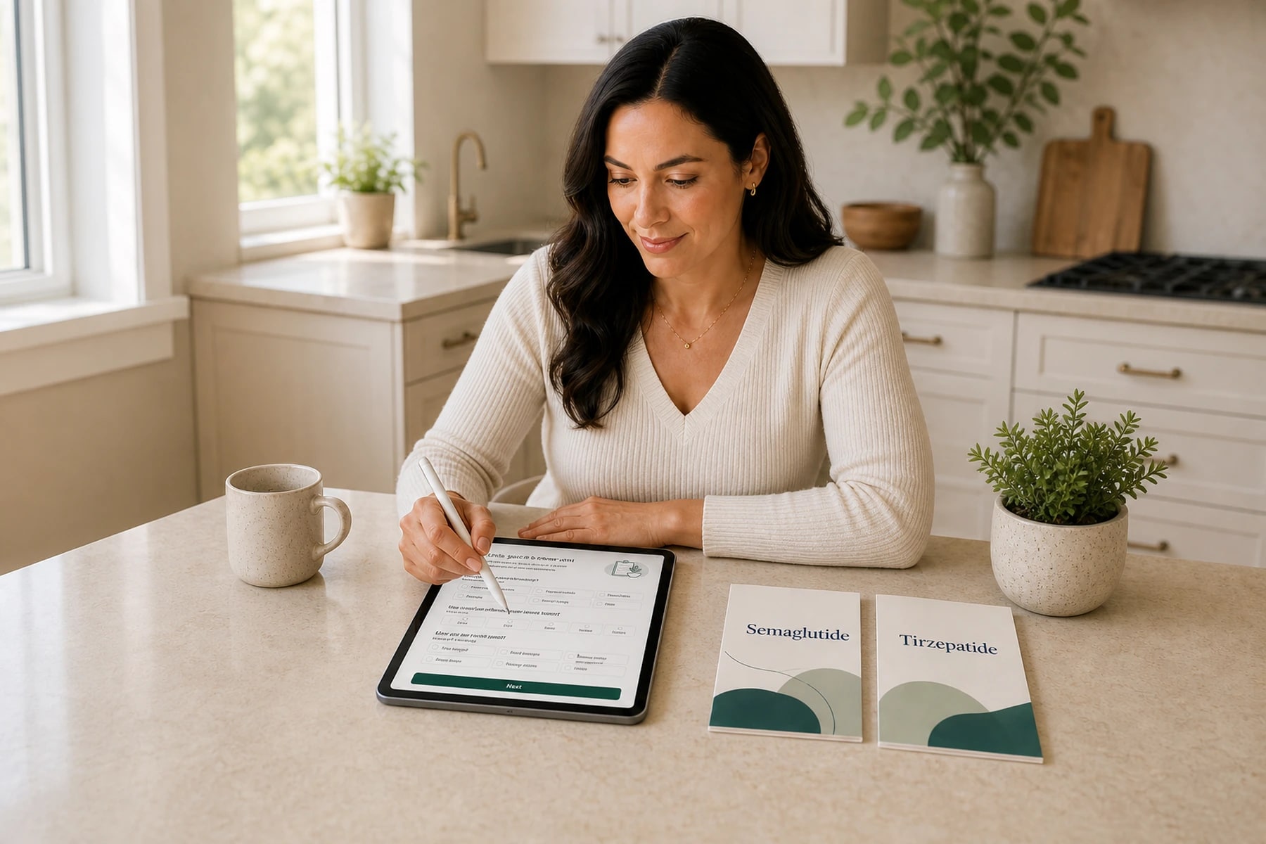Patient completing a digital intake with Semaglutide and Tirzepatide options